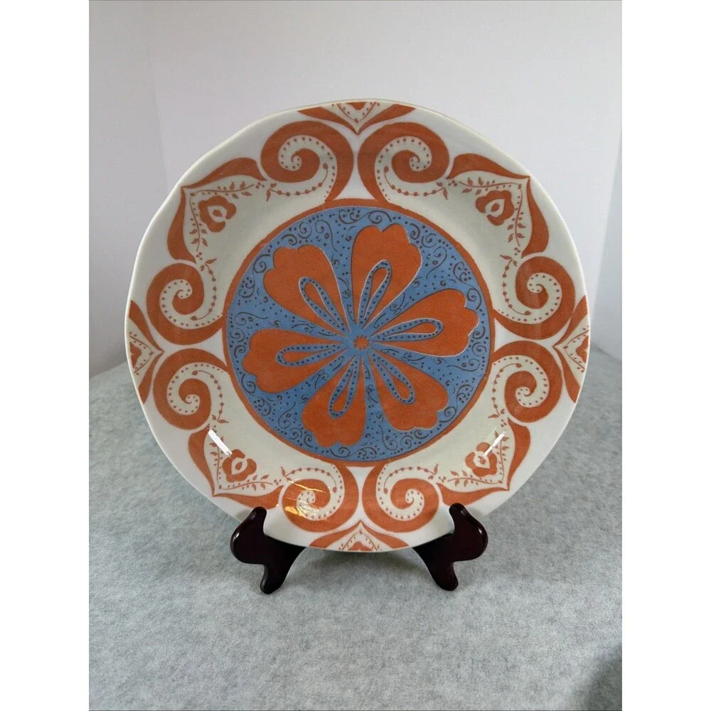 Anthropologie Blue Orange Boho Flower 10” Dinner Luncheon Plates